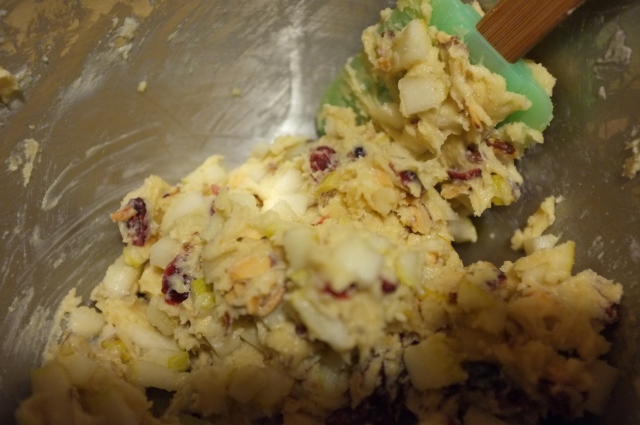 After I added the dry ingredients it became a very stiff batter which I added the nuts, cranberries, and chopped pear to.
