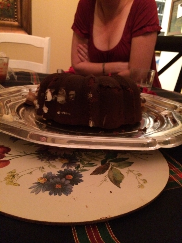 side view of the half-eaten cake